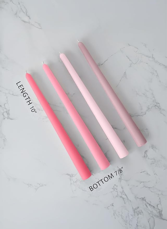 10" Classic Taper Candles, Muted Pink Shades, 4-Pack, 7-8 Hours Long Burning, Unscented Tall Candlesticks
