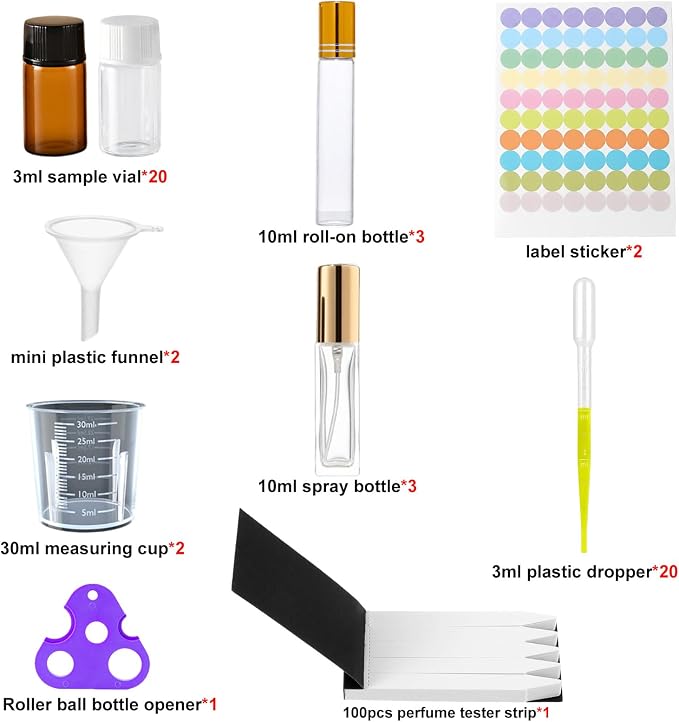 56 Pcs Perfume Making Kit - Includes 100 Fragrance Test Strips, 20 Sample Vials, Roller & Spray Bottles, Glass Beakers, Stirring Rods & Pipettes - DIY Essential Oil Blending Tools, No Oils