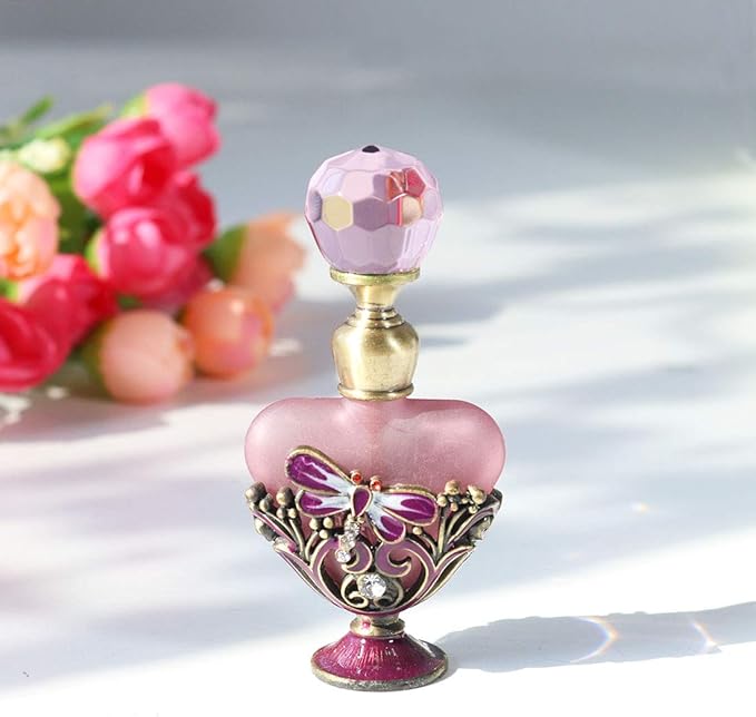 YU FENG Vintage Dragonfly Pewter and Glass Perfume Bottle with Diamand, Empty Refillable Mini Perfume Bottle