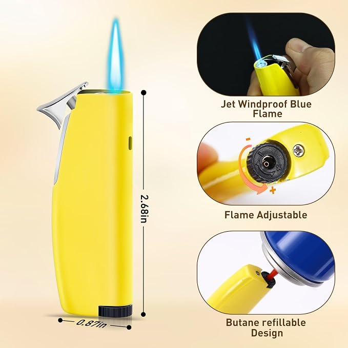 Women's Mini Butane Torch Lighter, Windproof Jet Flame Refillable Adjustable Candle Lighter for BBQ, Camping, Daily Use, Ideal Gift, 2 Pack (Yellow, Butane Not Included)