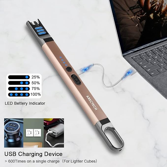 ARECTECH Electric Candle Lighter Rechargeable USB Long Gill Lighter for Candle Cooking Camping BBQs Fireworks (Gold&Gold, Pack of 2)