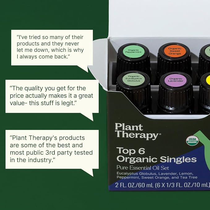 Plant Therapy Top 6 USDA Organic Essential Oil Set - Lavender, Peppermint, Eucalyptus, Lemon, Tea Tree 100% Pure, Natural Aromatherapy, for Diffusion & Topical Use, Therapeutic Grade 10 mL (1/3 oz)