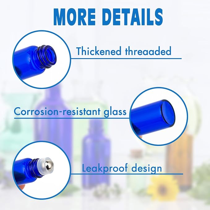 3ml Roller Bottles 24Pack Cobalt Blue Thick Glass Essential Oil Bottles with Stainless Steel Roller Ball and 2 Droppers
