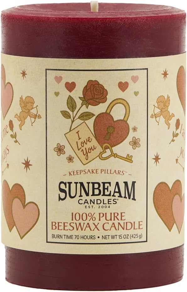 Sunbeam Candles 100% Pure Beeswax Pillar Candles | Long Burning All Natural Non-Toxic Beeswax Candles | Made in USA (Keepsake Love, Red, 3"x4.25")