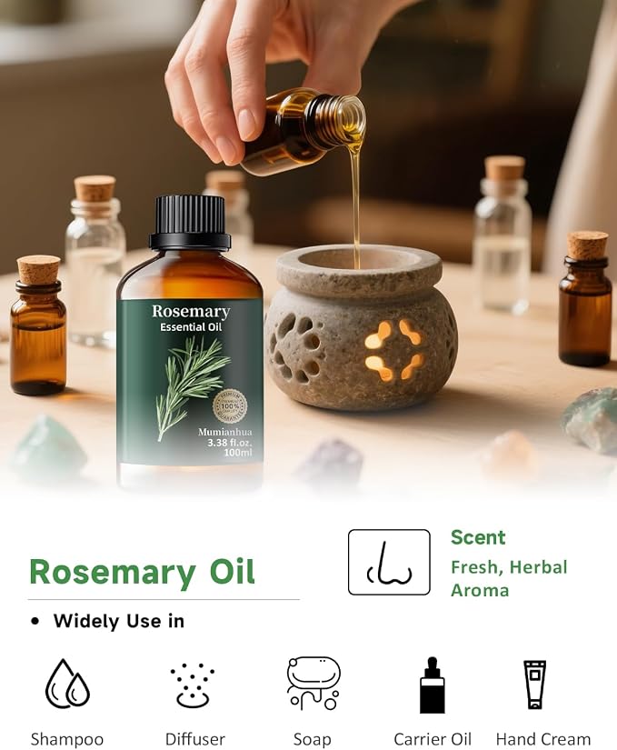 Rosemary Essential Oil, Mumianhua Pure Steam‑Distilled Oil for Scalp Revitalization & Hair Strength, Natural Focus for Diffuser, DIY Cleaning, Skin Care – 3.38 Fl Oz