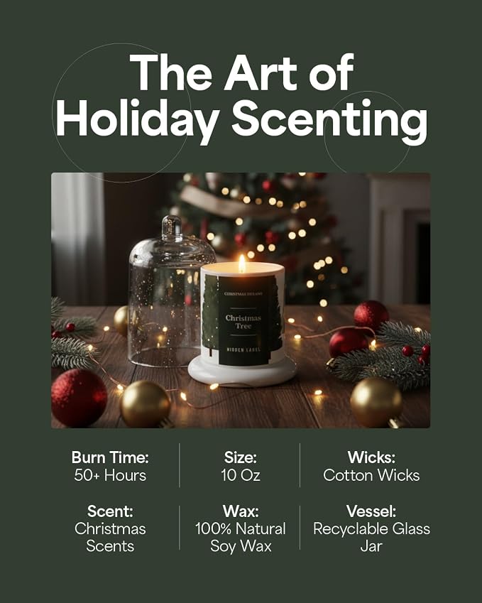 Christmas Tree Scented Candle, 10oz Natural Soy Wax in Clear Bell Jar, 60H Long-Lasting, Clean Burn, Aromatherapy Candles for Home Scented, Gifts for Women, Family, Holiday