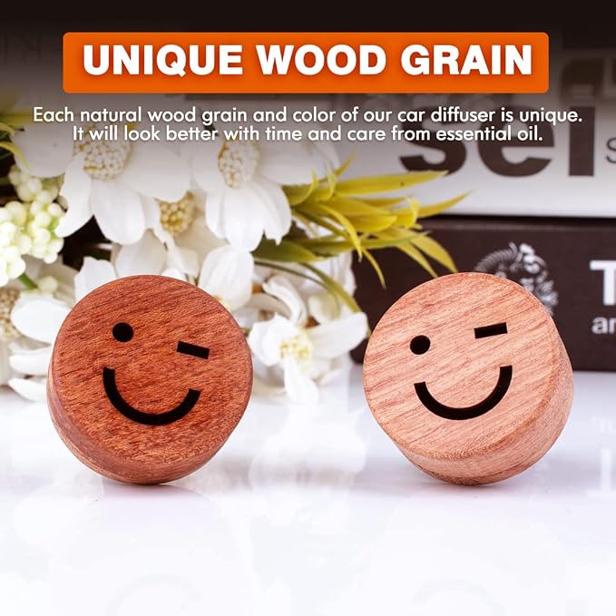 Essential Oil Car Diffuser, 2 PCS Smile Car Aromatherapy Wink Wood Diffuser with Vent Clip