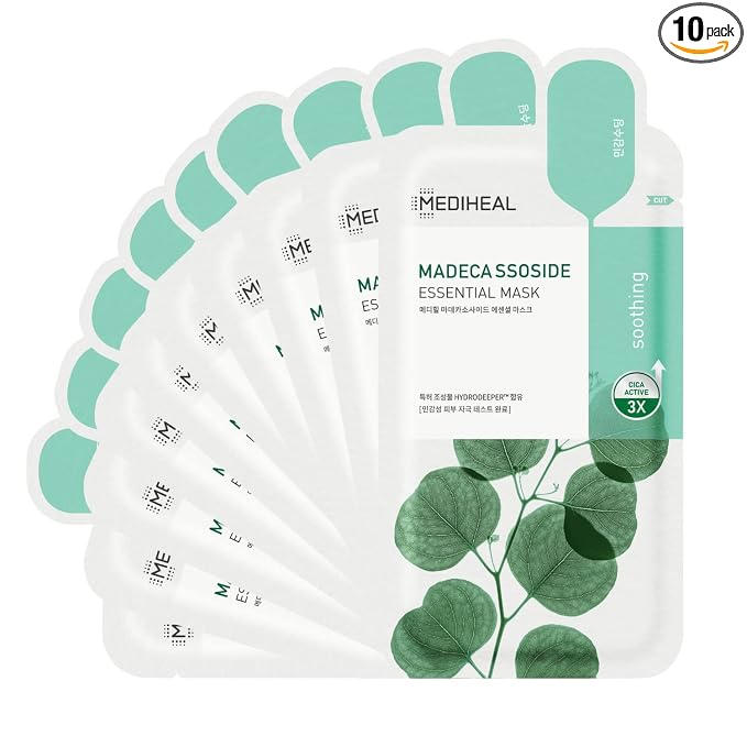 Mediheal Best Korean Sheet Mask - Madecassoside Essential Face Mask 10 Sheets For Sensitive Blemish Prone All Skin Types Hydrating Moisturizing Calming Soothing