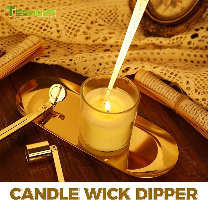 4 in 1 Candle Accessory Set with Storage Tray Plate, Candle Wick Trimmer, Candle Wick Snuffer, Candle Wick Dipper (Gold)