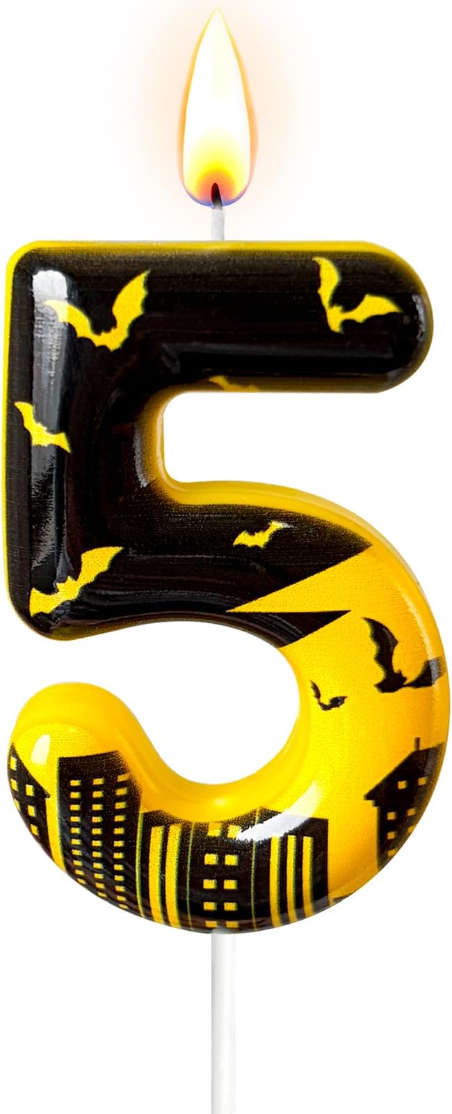 Black Yellow Number 5 Birthday Candle for Cake – Dark Night Hero Style with Bat & City Silhouette Design – Unique Cake Topper for Birthday, Anniversary, Themed Party Decoration
