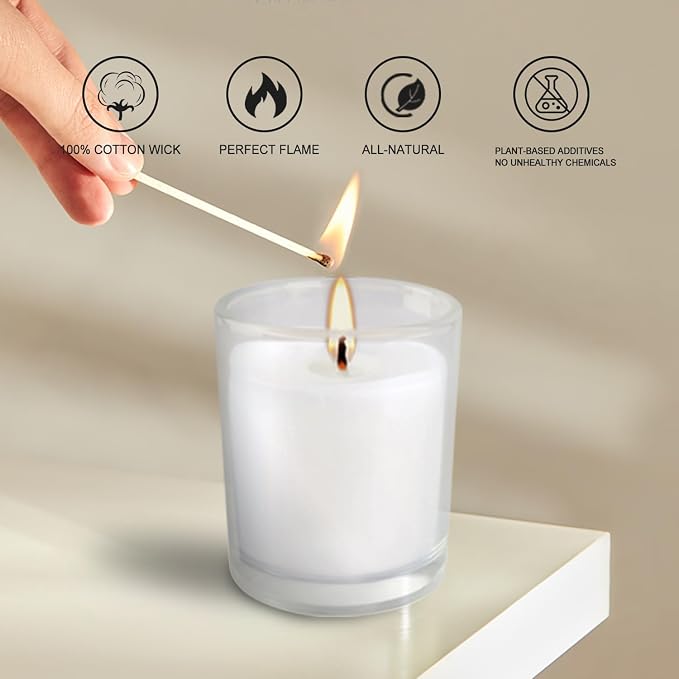 20 Pack Unscented White Clear Glass Filled Votive Candles | Soy Wax, Smokeless, Hand Poured Wax Candles Ideal for Aromatherapy, Spa, Weddings, Birthdays, Holidays & Party Decor