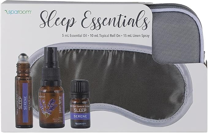 SpaRoom Serene Essential Oil Travel Kit with Eye Mask and Bag; Linen Spray, Essential Oil and Topical Roll-on, Grey