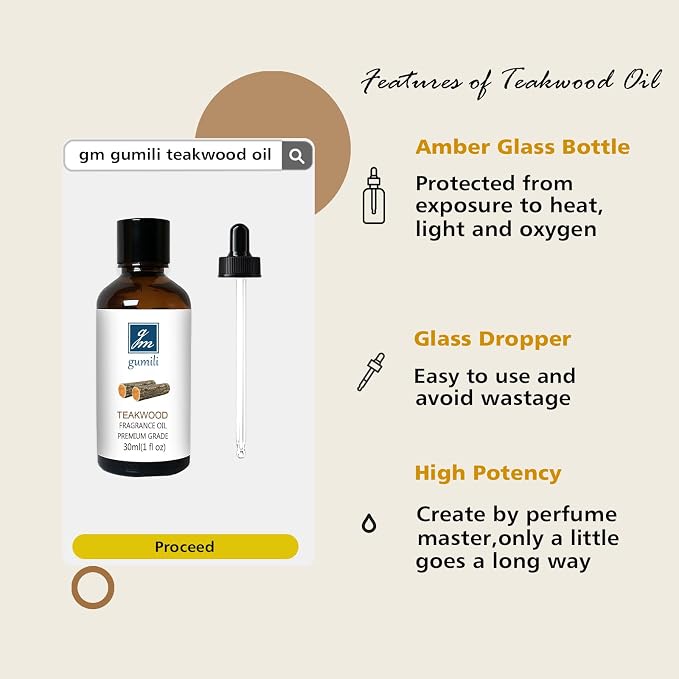 GM Gumili Teakwood Fragrance Oil, Perfume Oil, Home Scent for Soaps, Candle Making, Dryer Balls, Diffusers, Laundry, Slime -1 oz /30ml