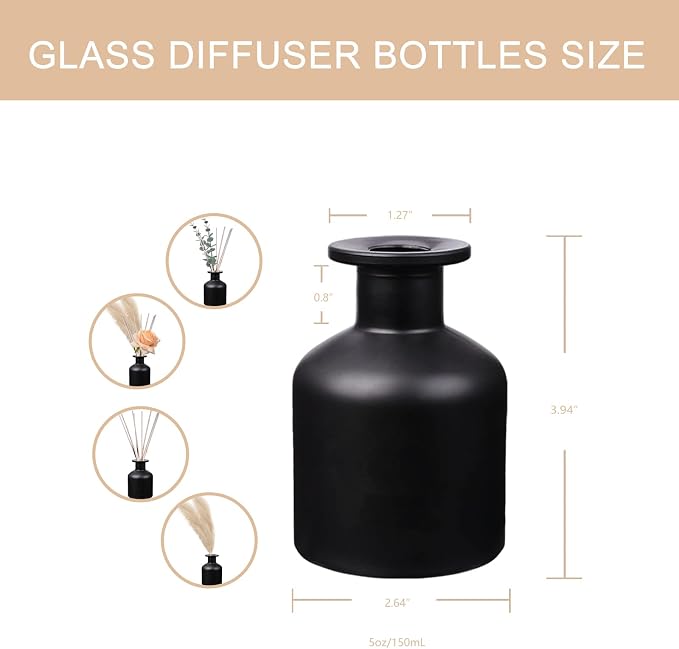 HOSSIAN Diffuser Glass Bottles Black -Empty Reed Diffuser Bottle with Sticks- Fragrance Accessories use for DIY Replacement Reed Diffuser Sets (Black)
