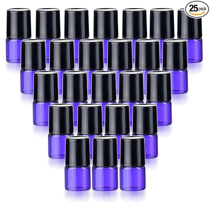 25 Pack 1ml (1/4 Dram) Colorful Glass Roll On Glass Bottles for Essential Oils,Empty Glass Vial with Stainless Steel Roller Balls Perfume Aromatherapy Travel Roll On Container-5 Color Options (Blue)