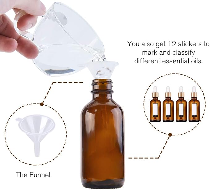 PrettyCare 4 Pack 1oz Dropper Bottle for Essential Oils, 30 ml Amber Glass Essential Oils Bottles with Labels, Funnels- Empty Leak Proof Tincture Bottles for Comestic & Beauty