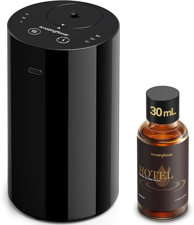 Waterless Essential Oil Diffuser Starter Kit with 30mL Hotel Fragrance Oil Inspired by Ritz-C., Battery Operated Mini Scent Diffuser, Portable Aromatherapy Diffuser for Home, Car, Office (Black)