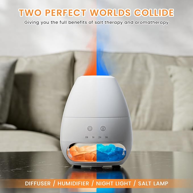 Ultrasonic Essential Oil Diffuser with Himalayan Salt Rock,Flame Diffuser with 2 Color Light,Aromatherapy Oil Diffuser with Auto Off Function for Home, Office,Spa,100ML