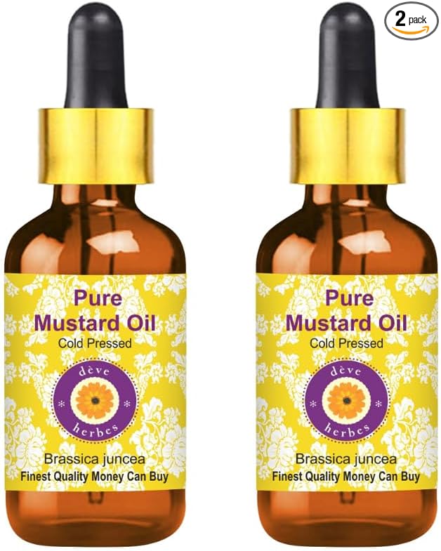 Deve Herbes Mustard Oil (Brassica juncea) with Glass Dropper | Cold Pressed | Pure | Natural | for Diluting Essential Oils | Hair, Skin & Massage | Non-Sticky| Lightweight| Unisex | 30ml X 2 (2 oz)