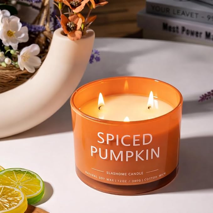Pumpkin Spice Scented Candle, Luxury Large 3 Wick Soy Candle 12 Oz, 60+ Hour Long Lasting Clean Burn, Elegant Aromatherapy Home Decor, Housewarming & Birthday Gift for Men & Women