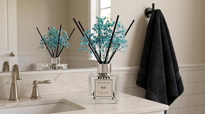 WEALD TRIBE Reed Diffuser Set for Bathroom Air Fresheners with Real Flower, Oil Diffuser Stick | Ocean Mist & Sea Salt Scent 5.1 fl oz Home Fragrance with Sticks Defusers | House Office Shelf Decor
