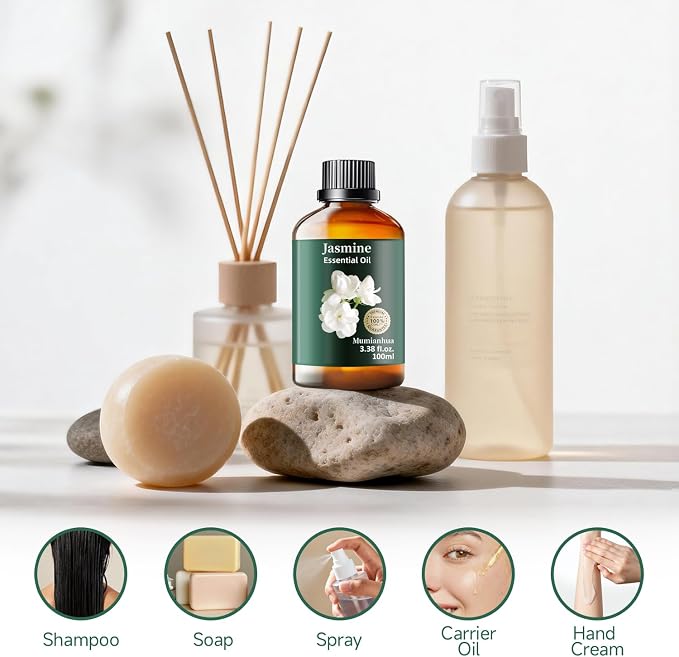 Jasmine Essential Oil, Pure Mumianhua Natural Oil for Bedtime Sanctuary & Pillow Mist, Luxurious Floral Aroma for Evening Wind‑Down, Diffuser, Skin, Hair – 3.38 Fl Oz