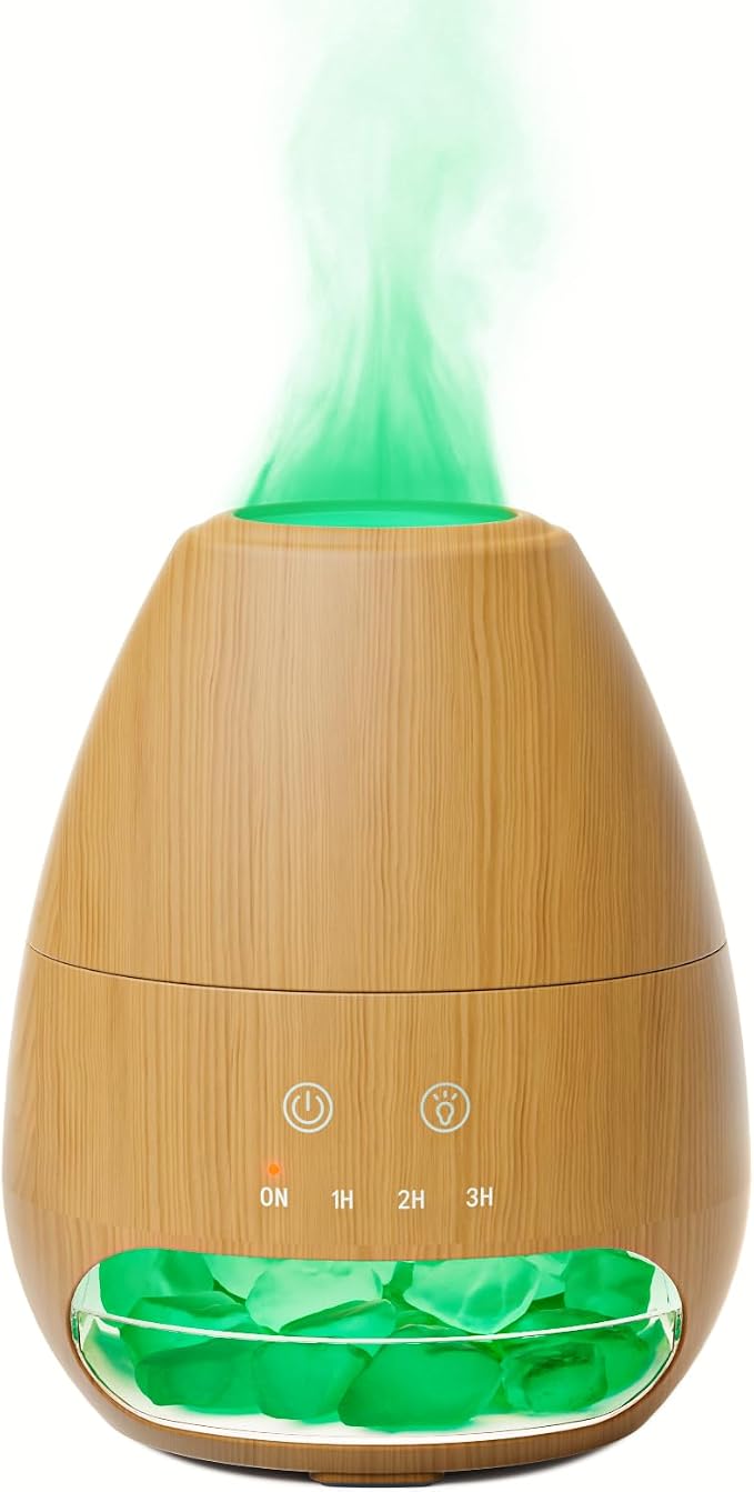 Ultrasonic Essential Oil Diffuser with Himalayan Salt Rock,Flame Diffuser with 7 LED Light,100ML Small Aromatherapy Oil Diffuser with Auto Off Function for Home, Office,Spa,Wooden Grain