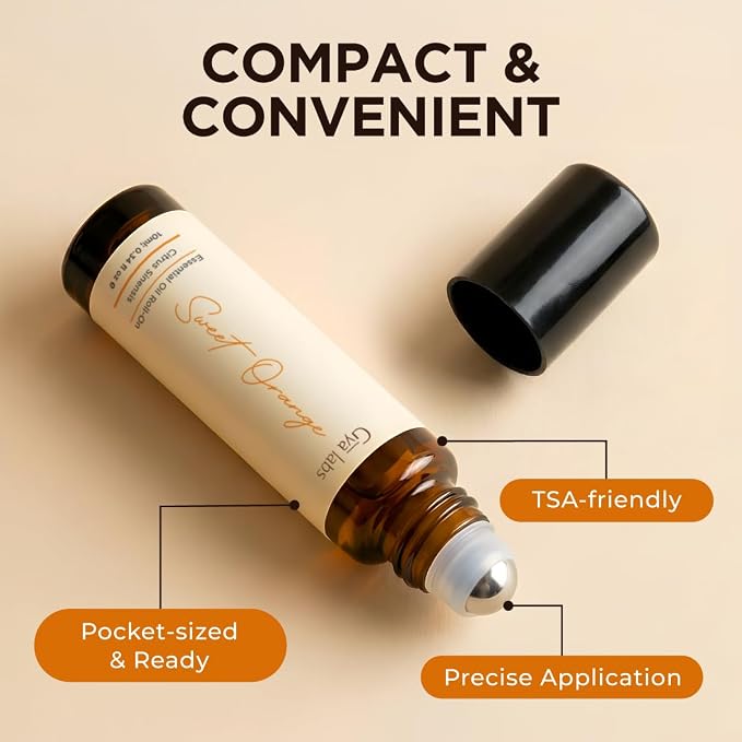 Gya Labs Sweet Orange Essential Oil Roll On - 0.34 Fl Oz - Travel Size Roller for Camping, Skin, Aromatherapy Relief, Convenience
