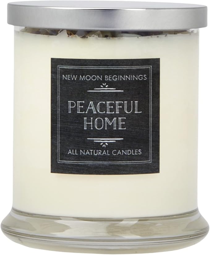 New Moon Beginnings Peaceful Home Candle - Stress Relief, Energy Clearing, All Natural Essential Oil Soy Candle - Crystal Candles (12oz Glass Jar, Eucalyptus, Mint)