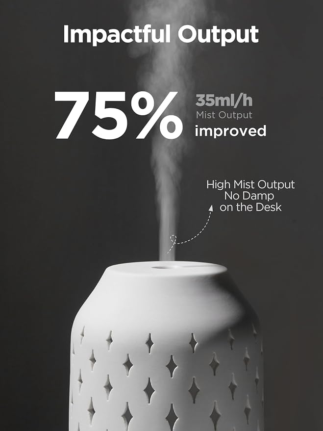 InnoGear Aromatherapy Diffuser, 150ml Ceramic Diffuser Mother's Gift Ultrasonic Humidifier Cool Mist Essential Oil Diffusers for Home Air Diffuser with 2 Mist Modes Waterless Auto Off, White