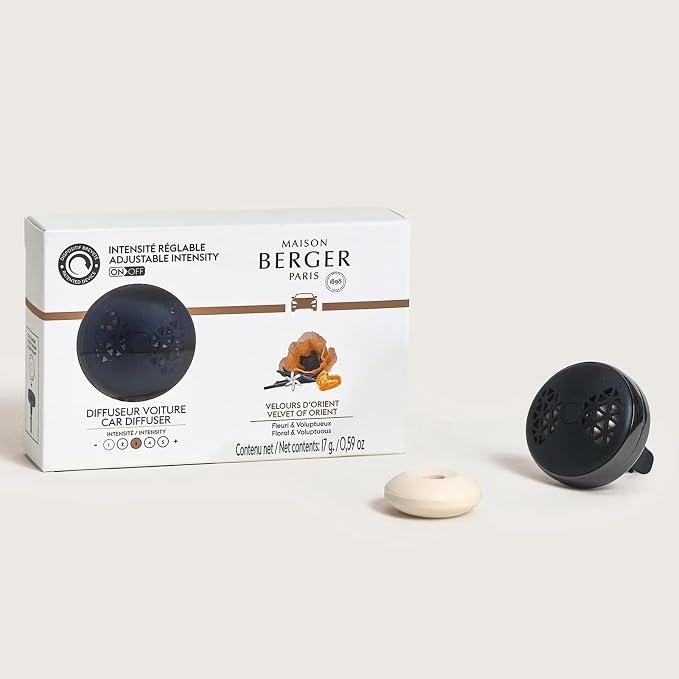 MAISON BERGER Car Diffuser Set, Velvet of Orient | Warm Vanilla Amber Notes, Refillable Vent Clip with Ceramic Refill, Passive 4-Week Diffusion, Made in France