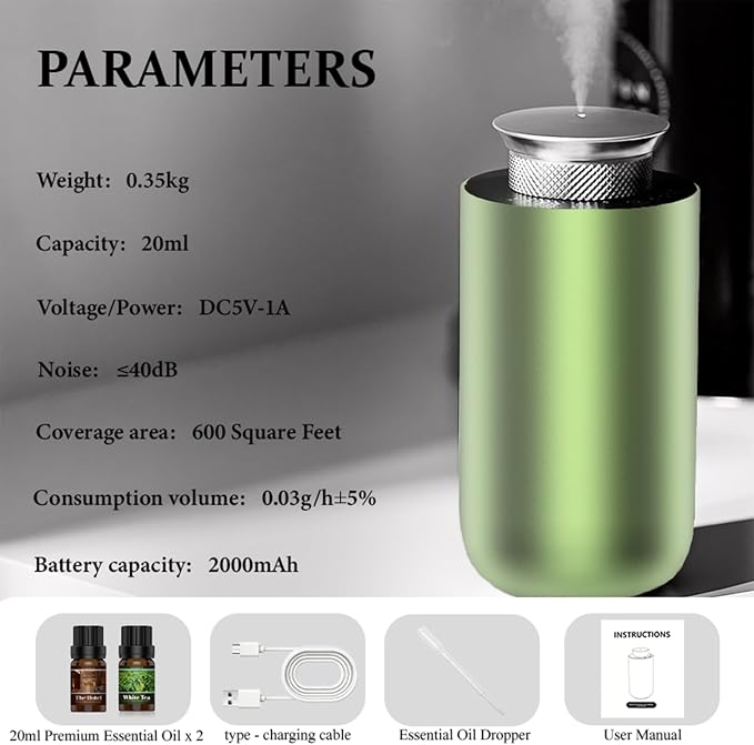 2026 Upgraded Rechargeable Waterless Car Scent Diffuser Kit, Includes 2 Premium Oils, Auto On/Off, 4 Mist Levels & Timers, Portable Aromatherapy Diffuser for Hotel,Home,Room,Studio,Office - Green
