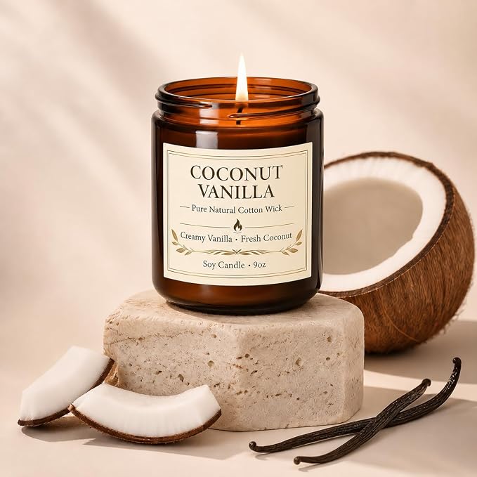 Coconut Vanilla Candle, 9 oz Soy Coconut Wax Scented Candle for Home, Vanilla Coconut Aromatherapy Candle, Clean Burning Jar Candle for Bedroom Bathroom Spa, Candle Gifts for Women Men