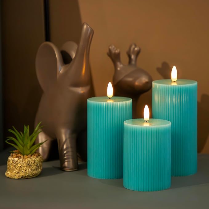 ANGELLOONG Teal Flameless Candles with Remote, Turquoise Battery Operated Candles with Timer, Set of 3 Real Wax Spring LED Fake Ribbed Pillar Candles for Bathroom Wedding Kitchen Living Room Deocr