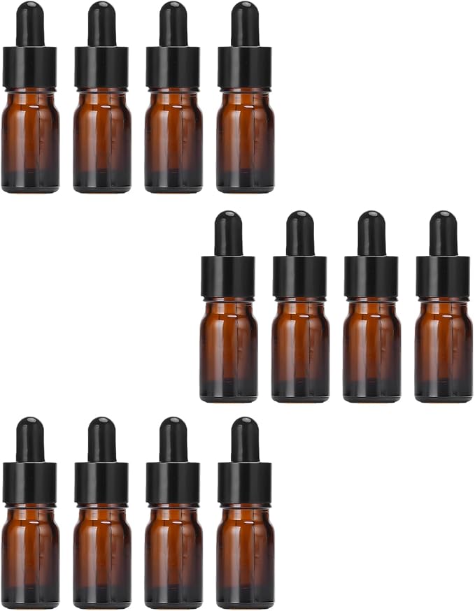 erioctry 5ML/10ML Amber Glass Essential Oil Bottles and Eyed Dropper Black Caps Makeup Cosmetic Sample Container Boxes of Glass for Essential Oil Aromatherapy Use(Pack of 12) (5ML)