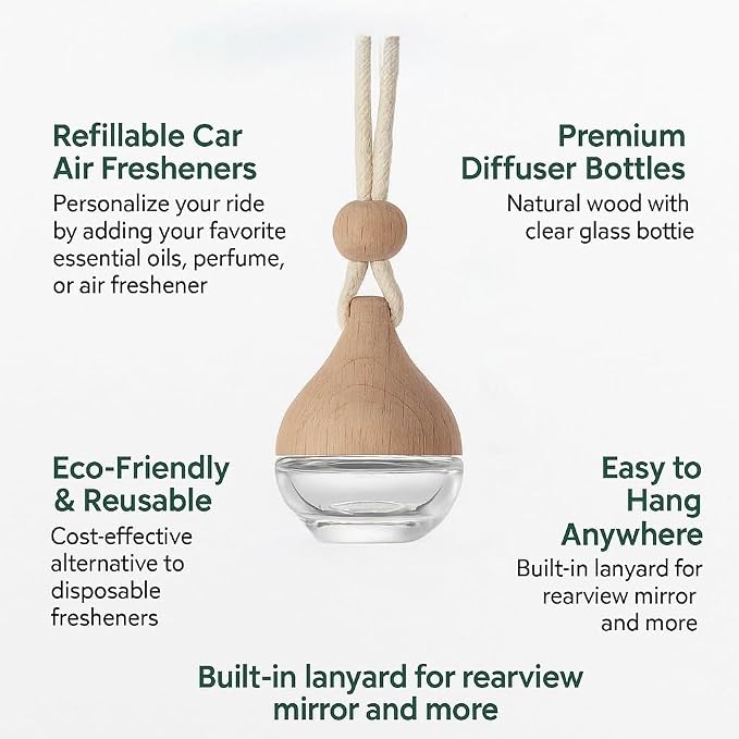 3 Pcs Hanging Car Air Freshener Diffuser Bottles – 6ml Refillable Essential Oil Aromatherapy Perfume Pendant, Clear Empty Glass with Wooden Cap & String for Vehicle Decoration, Closet Fragrance