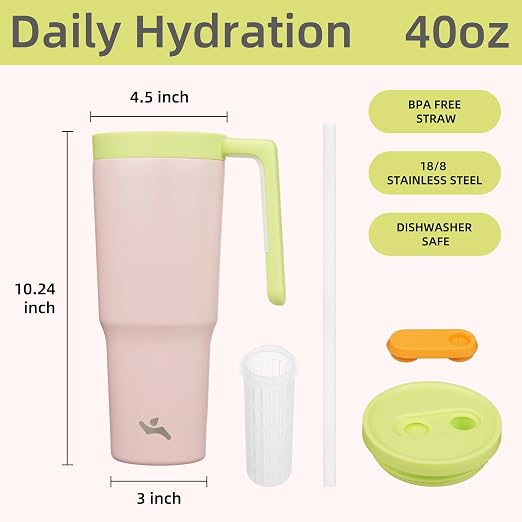 Konokyo Insulated Tumbler with Handle and Straw,40 OZ Vacuum Stainless Steel Water Bottle Travel Mug Metal Cup with Fruit Diffuser,Cherry