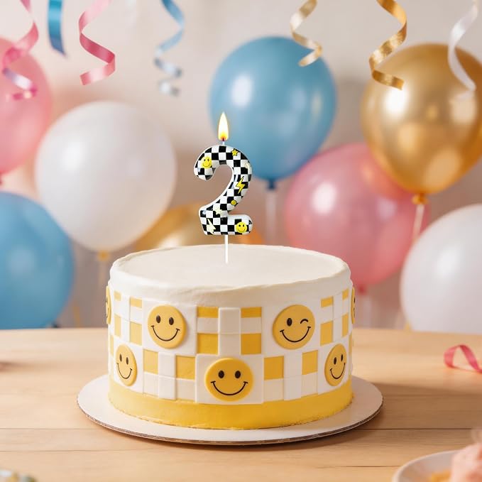 Number 2 Birthday Candle for Cake – Black White Checkered Smiley Design with Lightning & Star – Two Happy Dudes Theme Cake Topper for Birthday Party Decorations