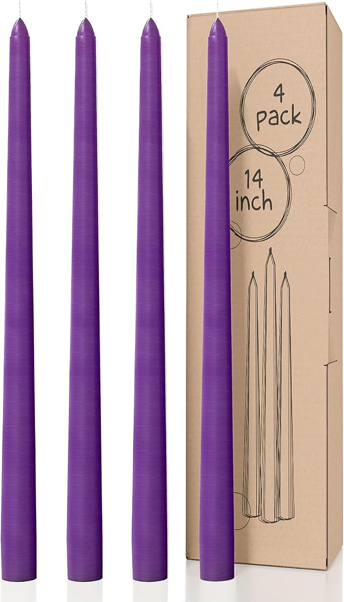 CANDWAX Purple 14 inch Taper Candles Pack of 4 - Unscented Smokeless Dripless Long Burning Christmas Tapered Candle Sticks - Perfect as Christmas Candle Sticks for Home Decor - Purple Taper Candles