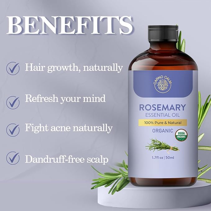 Rosemary Essential Oil | USDA Certified Organic Rosemary Oil for Hair Growth and Skin | Aromatherapy & Diffuser | 1.7 fl. Oz