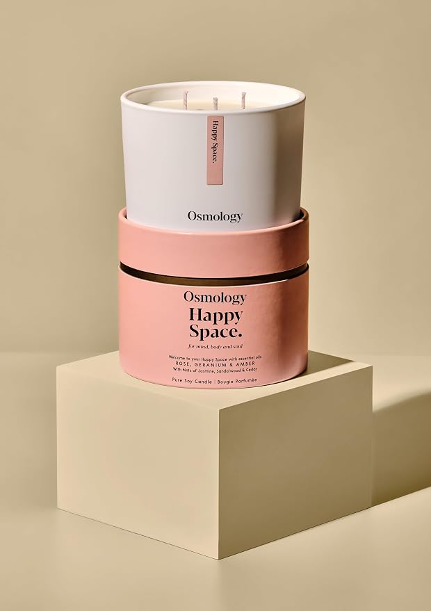 Happy Space Aromatherapy Candle – Rose, Geranium & Jasmine Scented Candle, Plant-Based Wax, 15.8 oz, 60 Hour Burn Time, Uplifting & Relaxation Candle