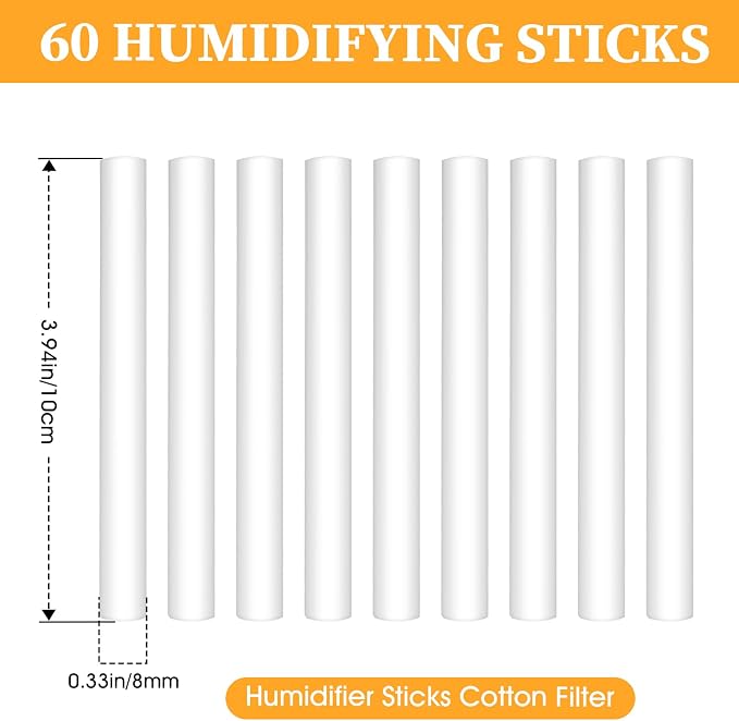 60 Pcs Humidifier Filter Replacement Rods Premium Cotton Filter Refills for Portable USB Mini Cool Mist Humidifiers (60, 4Inches)