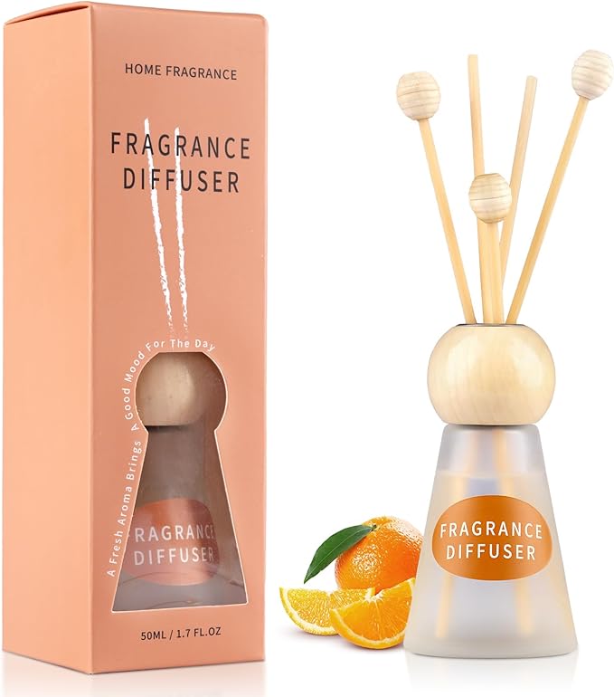 Reed Diffuser Set, Ocean Citrus Scent with Reed Sticks, 1.7 fl oz / 50ml Cone-Shaped Bottle with Round Wooden Cap, Ideal for Bathroom, Bedroom, Office, Home Fragrance for Shelf Decor Air Freshener
