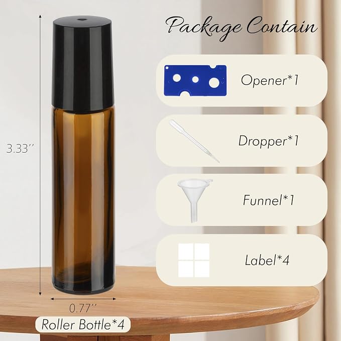 10ML Essential Oil Roller Bottles, 4 Pack Brown Oil Roller Bottles for Essential Oils, Roll on Bottle with Stainless Steel Balls(4 Labels, Opener, Funnel, Dropper Included)