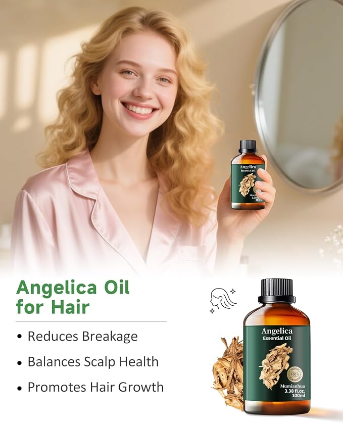 Angelica Root Essential Oil, Pure Angelica Oil Mumianhua Grounding & Calming Aroma for Meditation, Yoga, Diffuser & Mind Wellness, Steam Distilled, 3.38 Fl Oz