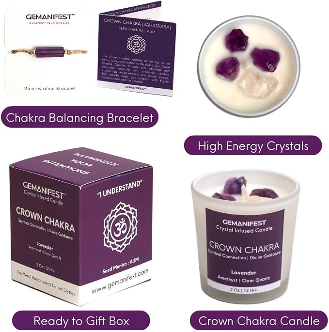 Crown Chakra Meditation Candle with Healing Crystals and Amethyst Bracelet Lavender Candles for Home Relaxing Candles for Women Stress Relief Spiritual Meditation Gifts for Women Men