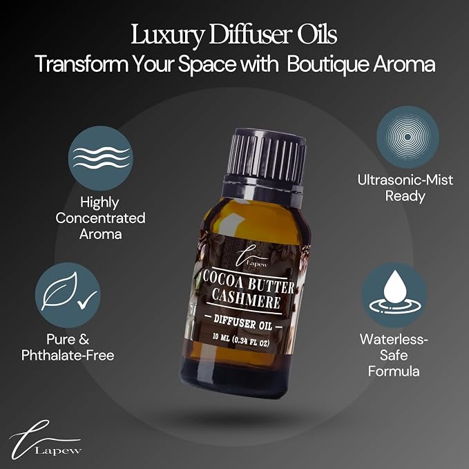 Lapew Cocoa Butter Cashmere Waterless Diffuser Oil | Fragrance Oil for Nebulizer & Cold Air Diffusers | Scented Home Oil | 0.34 fl oz