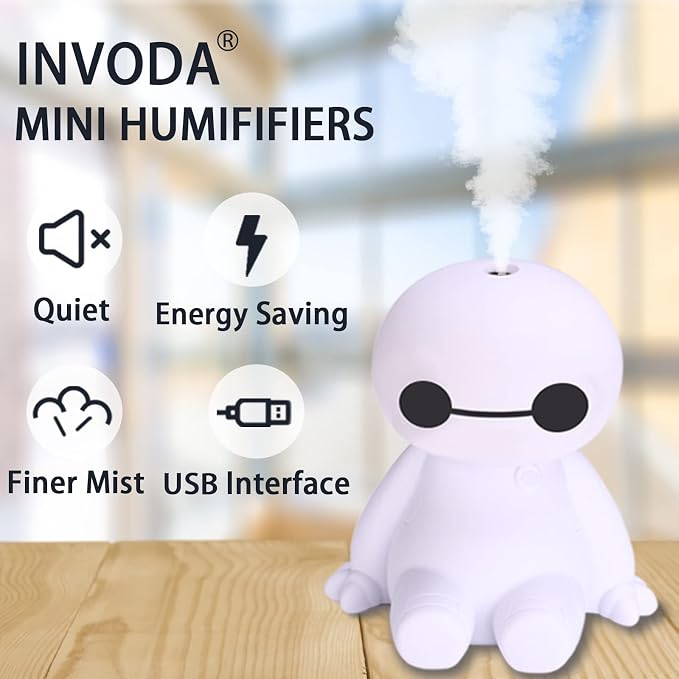 INVODA Humidifiers Portable Small Cool Mist Humidifiers Mini USB Personal Desktop for Travel, Car, Office Room, Bedroom (White)