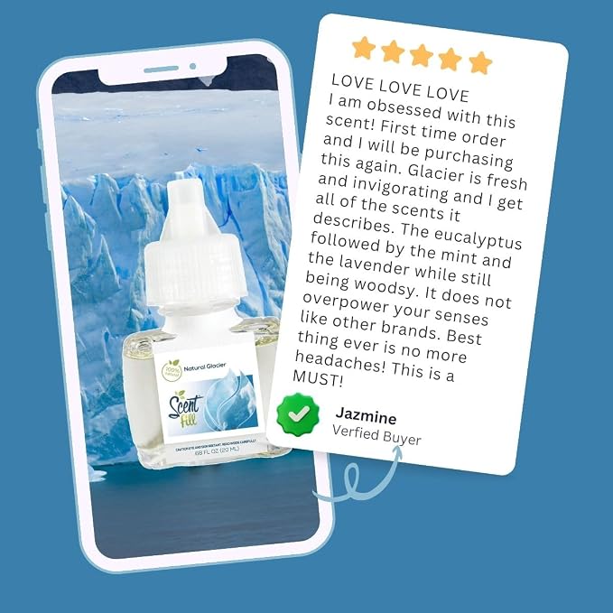 Scent Fill 100% Natural Glacier Plug in Air Freshener, Scented Oil Refills, 2 Refills + Diffuser