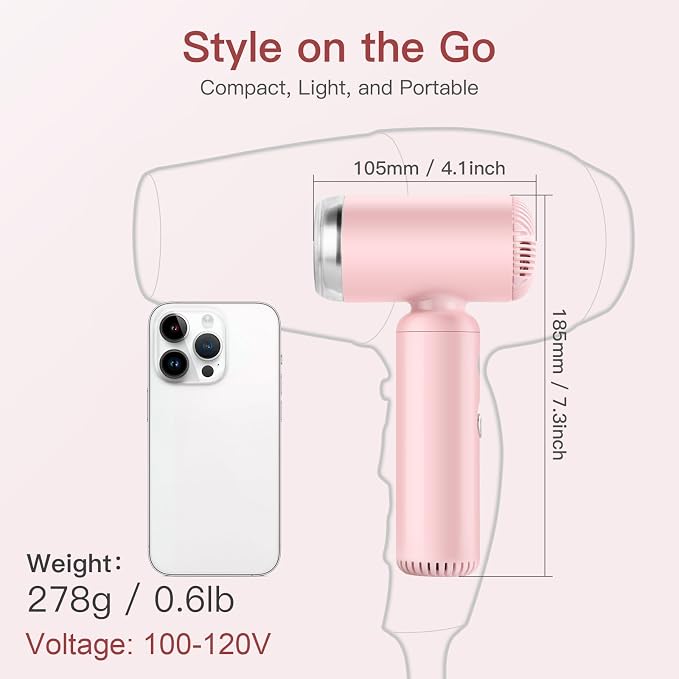 Webeauty Mini Hair Dryer with Diffuser, 110,000RPM High-Speed Motor, 200M Negative Ions Protect, 3-Temp & 2-Speed Settings, Lightweight Travel-Friendly Blow Dryer with Magnetic Attachments (Pink)